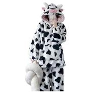 IDETECTOR Thick Pajamas Coral Fleece Pajama Women Autumn Winter Thick Cute Loungewear Set Round Collar-Cow-2Xl-58-68Kg