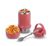 Ideus Insulated Soup Flask 600ml, Double Wall Stainless Steel Thermal Lunch Box Vacuum Food Jar with Folding Spoon and Bowl Portable Leakproof Food Container (Jellyfish Red)