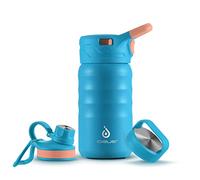 IDEUS Insulated Water Bottle with Straw 12 Oz (360 ml), with 3 Leak-Proof Wide Mouth Lids Stainless Steel Water Bottles, Keeps Hot & Cold, Great for Hiking & Biking, Blue Atoll