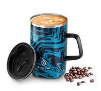 Ideus Vacuum Insulated Coffee Mug, 16oz Reusable Stainless Steel Thermal Double Walled Cup with Handle and Slider Lid for Hot & Cold Beverages, BPA Free (Blue Zebra-Fuji SNOWGLOW)