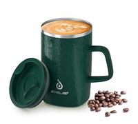 Ideus Vacuum Insulated Coffee Mug, 16oz Reusable Stainless Steel Thermal Double Walled Cup with Handle and Slider Lid for Hot & Cold Beverages, BPA Free (Leapord Dark Green)