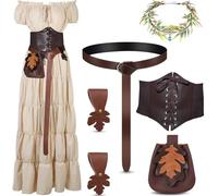 IDEWEI 7 Pcs Renaissance Costume Women-3 Minute Quick Ren Faire Costume with Renaissance Dress Corset Belt Flower Crown Headband Leather Skirt Hikes Leaf Belt Bag-Ren Faire/Medieval Accessories(S)