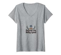 IDF Defend The Holy Land Patriotic Support Israel V-Neck T-Shirt, Women, Heather Grey, XXL