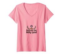 IDF Defend The Holy Land Patriotic Support Israel V-Neck T-Shirt, Women, Pink, M