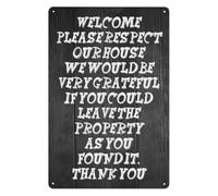 IDGTTLDF Vintage Metal Sign with Funny House Rules Respect Our Home Leave As Found Decor for Front Door Cabin Porch Hanger Included 8 X 12 Inch