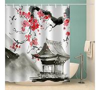 IDIDOS 3D Shower Curtain Heavy Duty Polyester Fabric Waterproof Shower Curtain Japanese Style Ink Art Flowers Bathroom Curtains with 12pcs Hooks (200x220 cm)