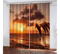 IDIDOS Dolphin Window Curtains for Bedroom Living Room Sunset Ocean Pattern Print 2 Panels Thermal Insulated Drapes Privacy Protection Blackout Curtain 220 x 215 cm