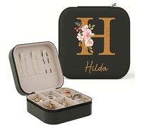 iDIY Personalised Women's Jewellery Box, with Name and Flower of the Month of Birth, Jewellery Organiser for Rings, Necklaces, Earrings, Gift for women, Gift for Friend, E-black, Initial+name