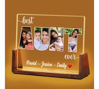 Idiyfun Personalised Christmas Gifts for Aunt from Niece Nephew, Customized Acrylic Plaque LED Walnut Photos Frame with Night Light, Mothers Day, Birthday Gifts Idea for Aunt Women