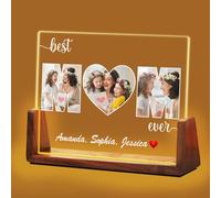 Idiyfun Personalised Mothers Day Gifts for Mum, Grandma from Daughter Son Grandkids, Customized Birth Flower Acrylic Plaque with LED Walnut Frame Night Light, Birthday Gifts for Mum Mother MAMA Women