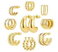 IDJEOABL 9 Pairs Gold/Sterling Silver/Rose Gold Plated Hoop Earrings Set for Women Trendy Chunky Gold Hoops 14K Real Gold Plated Small Huggie Earrings for Sensitive Ears Non Tarnish Gifts Jewelry