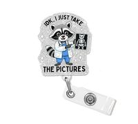 IDK I Just Take The Pictures Raccoon Badge Reel with Silver Glitter, Funny Xray Tech Retractable ID Clip Holder Gift for Radiologic Technologist, Rad Tech, Nurse, Nursing Student