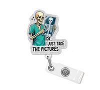 IDK I Just Take The Pictures Skeleton Badge Reel with Silver Glitter, Funny Sarcastic Xray Tech Retractable ID Clip Holder Gift for Radiologic Technologist, Rad Tech, Nurse, Nursing Student