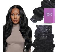 IDN BEAUTY Seamless Clip-In Hair Extensions Human Hair Wavy 110 g 7 Pieces Natural Black Unprocessed Real Hair Seamless Clip-ins for Black Women Invisible Edge 55 cm (22 inches)