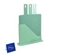 IDOBY Plastic Chopping Board Set of 3 with Stand, Three Kitchen Boards Dishwasher Safe, Snack Board Set Kitchen with Marking, Hygienic Kitchen Accessories (Green Vertical)
