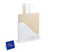 IDOBY Plastic Chopping Board Set of 3 with Stand, Three Kitchen Boards Dishwasher Safe, Snack Board Set Kitchen with Marking, Hygienic Kitchen Accessories (Beige Vertical)