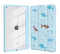 Idocolors Case for iPad 7th/8th/9th Gen 10.2 ", Clear Hard Back Cover with Pencil Holder, Tri-fold Stand Full Wrap Protective Case for Women Girls, Sea Fish/Blue