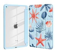 Idocolors Case for iPad 7th/8th/9th Gen 10.2 ", Clear Hard Back Cover with Pencil Holder, Tri-fold Stand Full Wrap Protective Case for Women Girls, Starfish/Blue