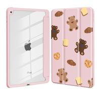 Idocolors Case for iPad 7th/8th/9th Gen 10.2 inch, Clear Hard Back Cover with Pencil Holder, Tri-fold Stand Full Wrap Protective Case for Women Girls, Brown Bear/Pink