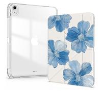 Idocolors Cute Case for iPad 7th/8th/9th Gen 10.2 Inch iPad 2019/2020/2021, Clear Acrylic Back Case with Pencil Holder, Detachable Mutil Angles Folding Y-Shaped Stand Cover, Blue Flower