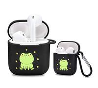 Idocolors Cute Frog Case for Airpods Black with Carabiner [ Supports Wireless Charging ] Soft TPU Kawaii Cartoon Cover Protective for Apple Airpods 2&1(2019)