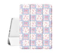Idocolors Cute Kawaii Grid Pink Cherry Pad Case for 10.2 Inch iPad 9th/7th/8th Generation, Clear TPU Smart Stand Back Cover with Pencil Holder, Auto Wake/Sleep iPad 2021/2020/2019 Case for Women Girls