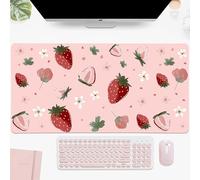 Idocolors Strawberry Pink Desk Mat, Cute Extended Gaming Keyboard Mouse Pad, Large Office Desk Cover Mat Pad Deskmat, Non-Slip Leather Home Office Desk Mat Protector 31.5"×11.8"