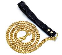 iDofas Gold Dog Chain Leash Width 12MM Gold Stainless Steel Cuban Link Dog Leash with Leather Handle for Dogs Collar Chains(4ft)