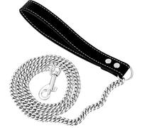 iDofas Silver Dog Chain Leash 18K Gold Stainless Steel Cuban Link Dog Leash with Leather Handle for Dogs Collar Chains(4ft/Silver)