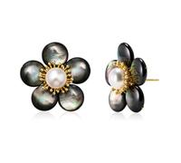 IDOKAWA Camellia Freshwater Pearl Black Shell Stud Earrings for Women