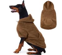 IDOMIK Fuzzy Dog Sweater with Adjustable Hood, Warm Fleece Dog Sweater Hoodie with Harness Hole & Pocket, Pullover Sweaters for Large Dogs, Fuzzy Hooded Sweatshirt for Fall Winter Christmas,Brown,2XL