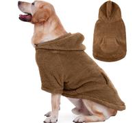 IDOMIK Fuzzy Dog Sweater with Adjustable Hood, Warm Fleece Dog Sweater Hoodie with Harness Hole & Pocket, Pullover Sweaters for Large Dogs, Fuzzy Hooded Sweatshirt for Fall Winter Christmas,Brown,3XL