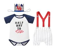 IDOPIP Baby Boys Half Way to One 6 Months Birthday Outfits: Clothing Sets One Piece Romper with Shorts Y-back Suspender Bow Crown Photo Shooting 6-9 Months Deep Blue one
