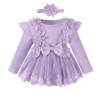 IDOPIP Baby Girls Lace Ribbed Knit Romper Dress with Headband Lace Floral Fall Winter Outfit Long Sleeve Solid Color A-Line Newborn Baby Dresses Purple 12-18M