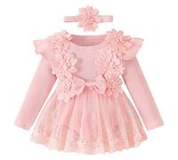 IDOPIP Baby Girls Lace Ribbed Knit Romper Dress with Headband Lace Floral Fall Winter Outfit Long Sleeve Solid Color A-Line Newborn Baby Dresses Pink 9-12M