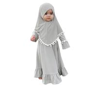 IDOPIP Baby Girls Muslim Dress Long Sleeve Islamic Prayer Dress with Hijab Kids Abaya Islamic Middle East Dubai Arabic Turkish Ramadan Eid Clothes #1 Gray 1-2 Years