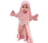IDOPIP Baby Girls Muslim Dress Long Sleeve Islamic Prayer Dress with Hijab Kids Abaya Islamic Middle East Dubai Arabic Turkish Ramadan Eid Clothes #1 Pink 1-2 Years