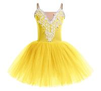 IDOPIP Ballet Leotards for Girls Kids Velvet Spaghetti Straps Camisole Ballet Dance Dress Swan Lake Ballet Leotard Skirted Ballerina Costume Dancewear Yellow 8-9 Years