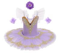 IDOPIP Girls' Ballet Performance Dress Ballet Pancake Tutu Kids Little Swan Dance Costume Ruffle Sleeve Lace Embroidered Sequins with Hair Clip Purple 170