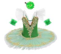 IDOPIP Girls' Ballet Performance Dress Ballet Pancake Tutu Kids Little Swan Dance Costume Ruffle Sleeve Lace Embroidered Sequins with Hair Clip Green 110