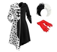IDOPIP Girls Cruella Deville Costume Dalmatian Dog Halloween Cosplay Black White Spotted Dress with Gloves Wig 4pcs Set 4-12 Years Coat 9-10 Years