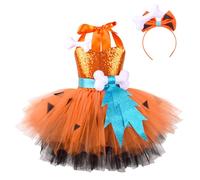 IDOPIP Halloween Costumes for Kids : Girls Cavegirl Costume Flintstone Halter Sequins Tulle Dress Role Play Cosplay - Dress Up Party Carnival Orange 9/10