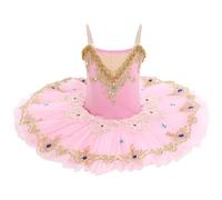 IDOPIP Kid Girls Ballet Dress Pancake Dance Performance Tutu Dress Pearls Rhinestone Floral Embroidery Lace Little Swan V Neck Spaghetti Straps Ballerina Costume Pink 130