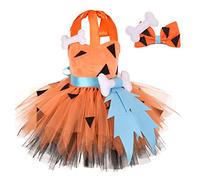 IDOPIP Kids Bam Bam Costume Girls Halloween Costume Caveman Tulle Tutu Dress with Bone Headpiece Historical Cavegirl Stone Age Outfit for Birthday Cosplay Fancy Dress Up Orange 9-10 Years