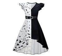 IDOPIP Kids Girls Cruella Deville Costume Halloween Cosplay 101 Dalmatian Dog Black White Spotted Long Dress 2021 Movie Character Fancy Dress Up Costume White 11-12 Years