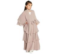 IDOPIP Kids Prayer Dress Muslim Cardigan for Girls Long Sleeve Abaya with Hijab Islamic Dubai Casual Ramadan Party Chiffon Kaftan Robe Champagne 3-4 Years