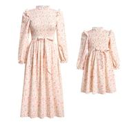 IDOPIP Mama and I Dresses Boho Casual Dress Mother Daughter Maxi Dress Long Sleeve Beach Dress Women Girls Autumn Dress Winter Family Matching Outfit Mommy and Me Dress, apricot, L