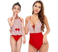 IDOPIP Mommy and Me Swimsuit Family Matching Swimwear One Piece Striped Ruffle Bathing Suit Monokini Swimming Costume Beachwear Striped Red 9-10 Years