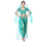 IDOPIP Princess Jasmine Costume for Women Adult Arabian Princess Belly Dancer Fancy Dress Halloween Costume Carnival Cosplay Outfits Headchain+Top+Scarf+Pants 3pcs Set Green M