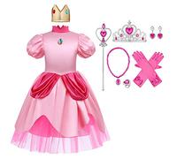 IDOPIP Princess Peach Costume Kids Girls Princess Fancy Dress Up Super Mario Bros Peach Dress with Crown and Jewelry Outfits for Halloween Carnival Birthday Cosplay Party Pink + Jewelry 4-5 Years